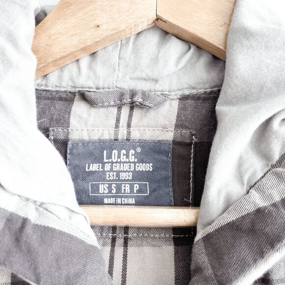 H&M L.O.G.G. Mens Hooded Jacket Kangaroo Pockets Plaid Brown Tan Small - Picture 7 of 7